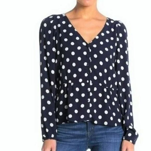 J. Crew Navy Blue White Polka Dot Crepe V Neck Button Front Peplum Blouse - Picture 1 of 16